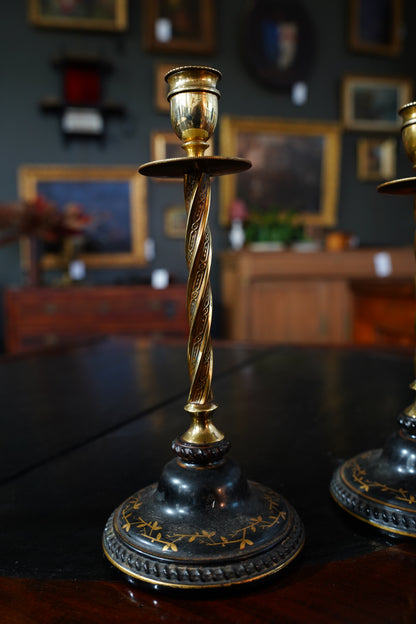 Pair of Antique Victorian Black and Gilt Candlestick