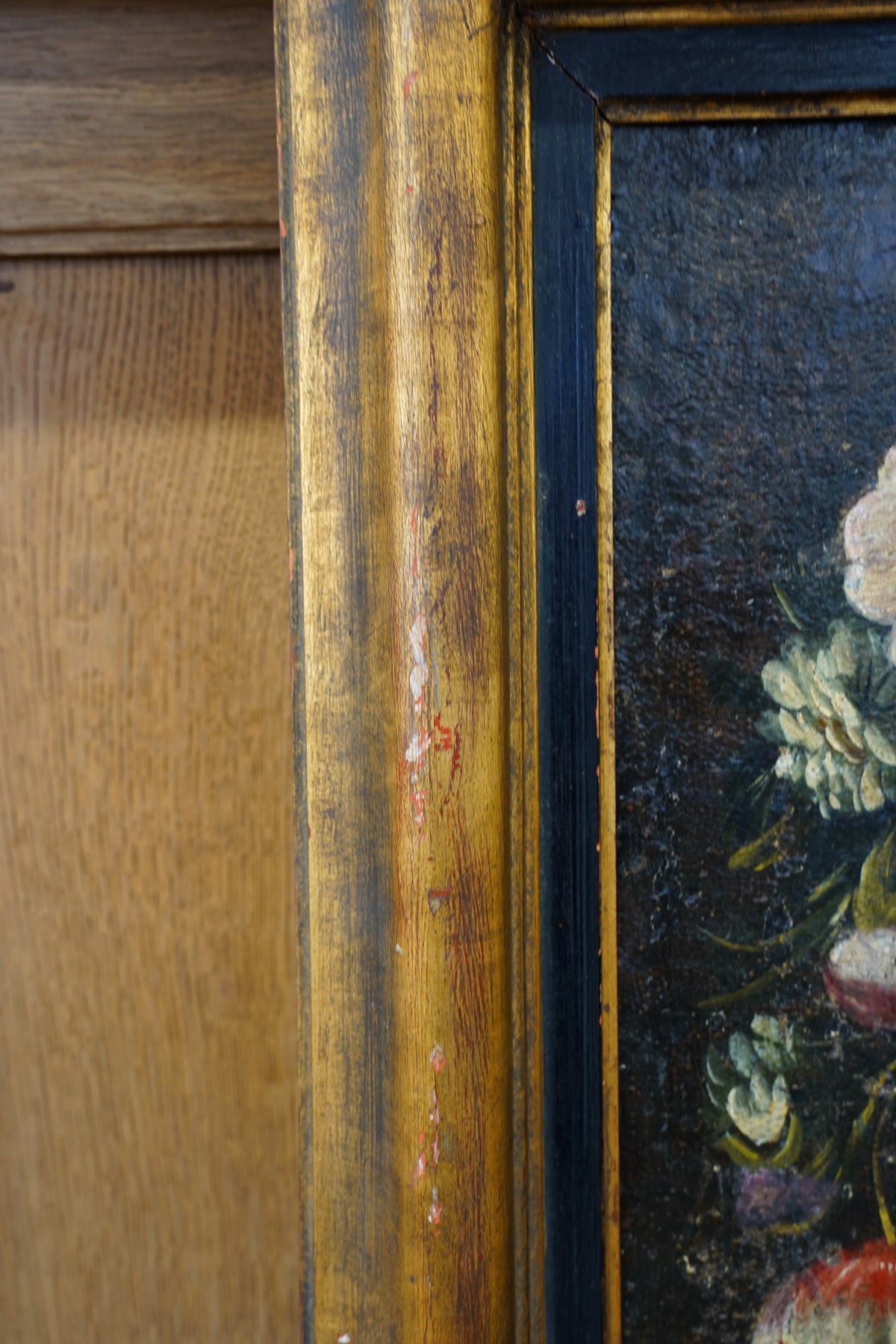 Antique Angel with Lilies Oil Painting in Flower Garland, 17th Century
