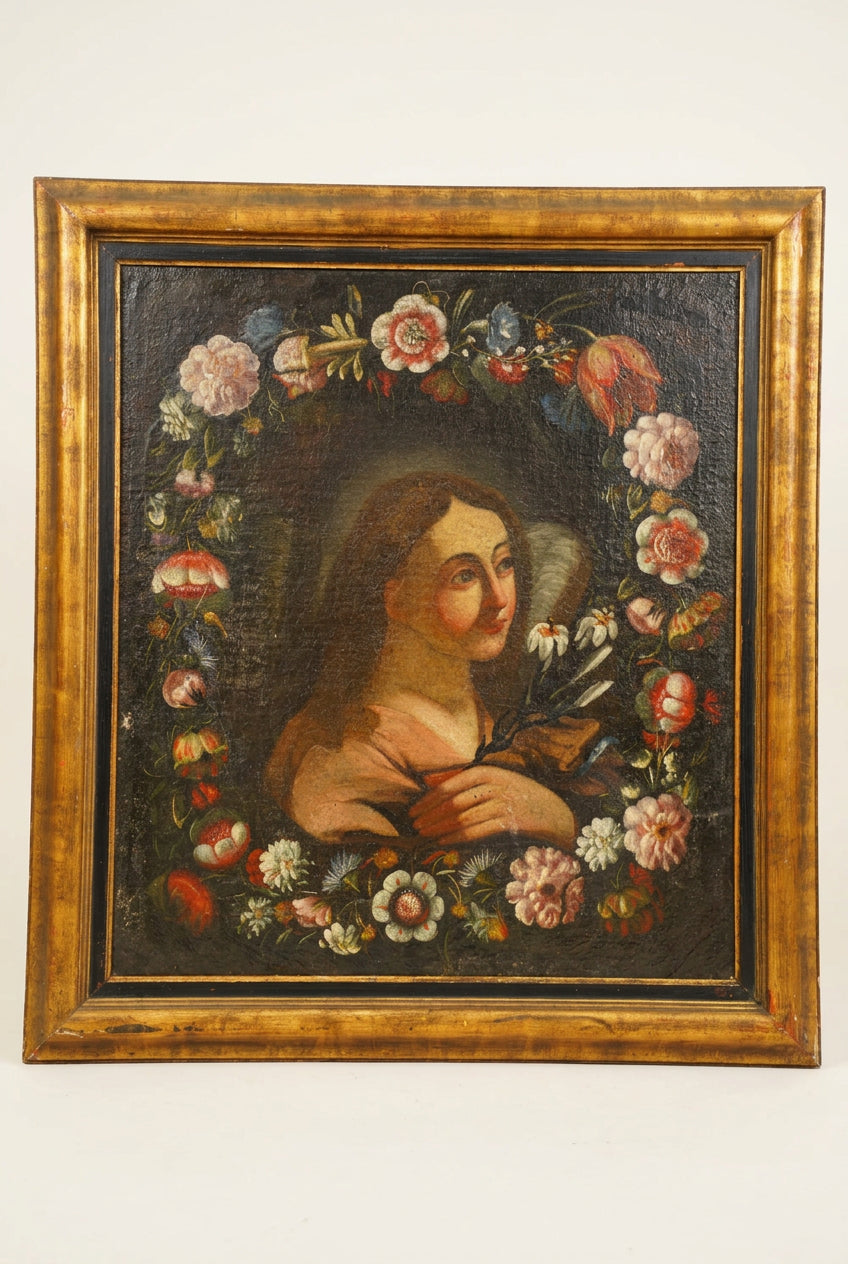 Antique Angel with Lilies Oil Painting in Flower Garland, 17th Century