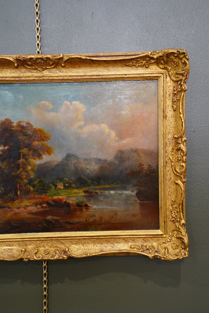 Antique Alpine Chalet Landscape Oil Painting, Late 1800s