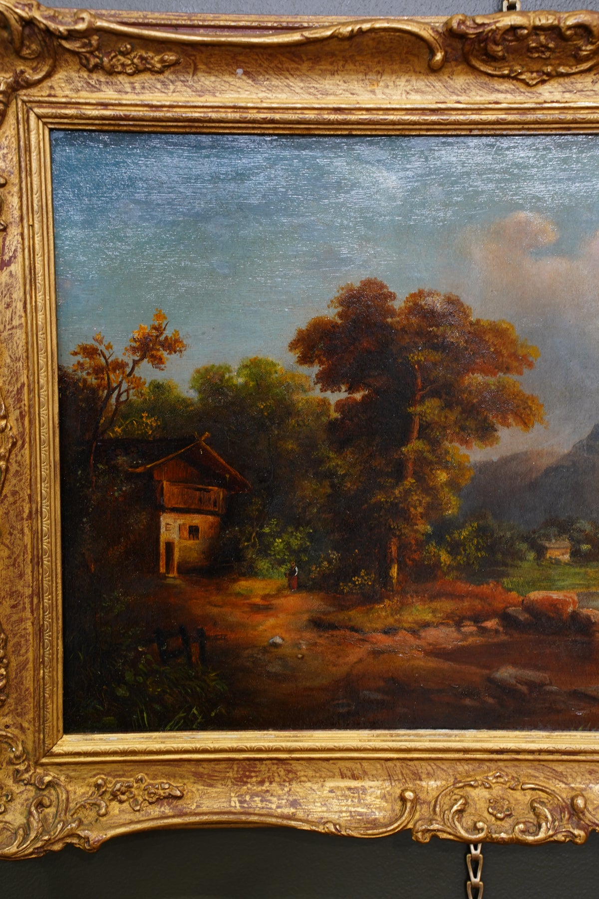 Antique Alpine Chalet Landscape Oil Painting, Late 1800s