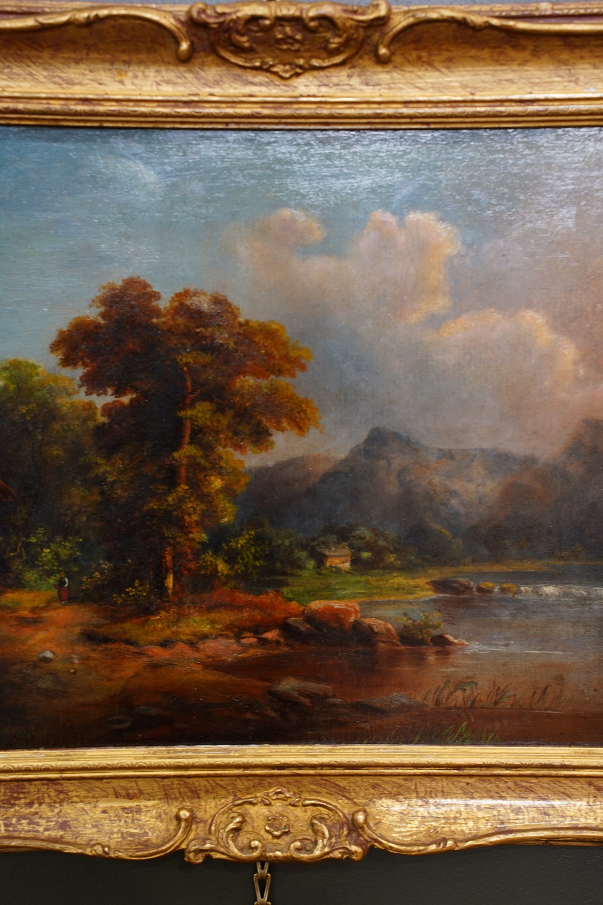 Antique Alpine Chalet Landscape Oil Painting, Late 1800s