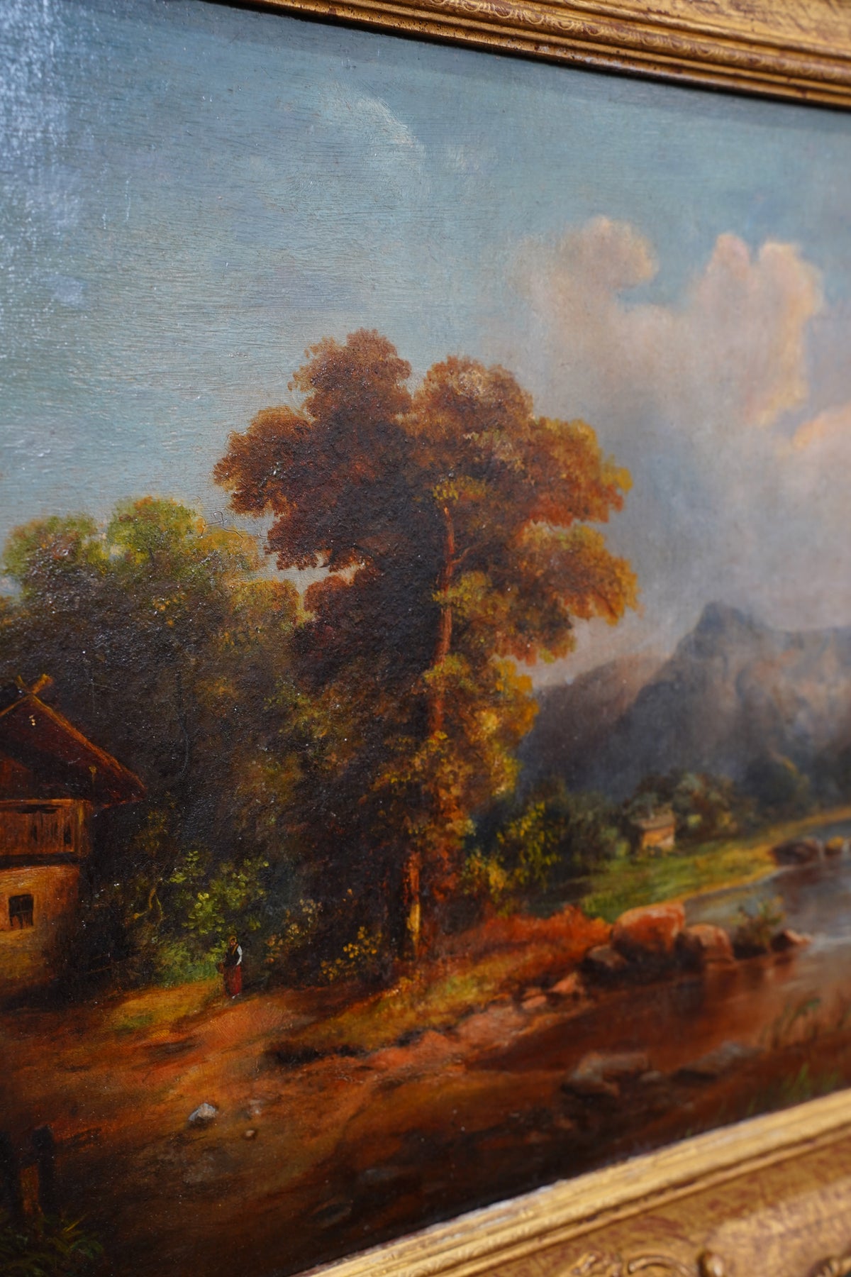 Antique Alpine Chalet Landscape Oil Painting, Late 1800s