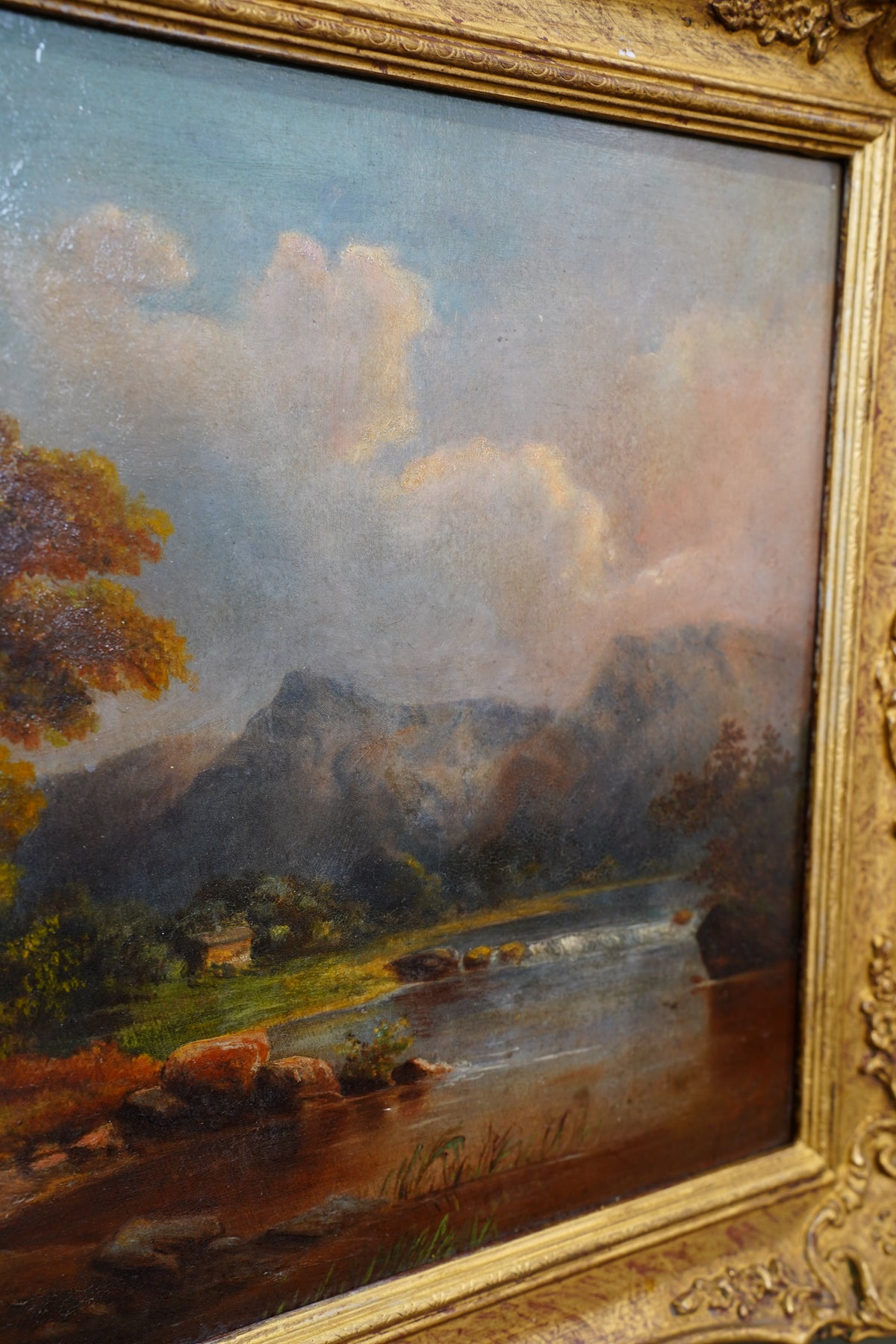 Antique Alpine Chalet Landscape Oil Painting, Late 1800s