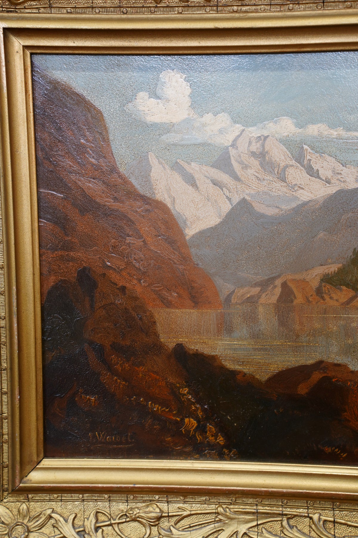 Antique Signed Alpine Lake Landscape Oil Painting