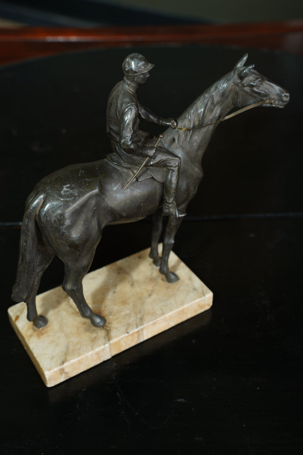 Antique Bronzed Spelter Racehorse and Jockey Statue on Marble Base