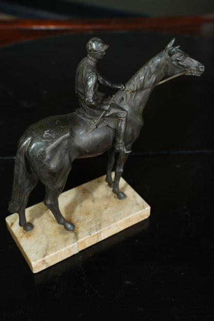 Antique Bronzed Spelter Racehorse and Jockey Statue on Marble Base