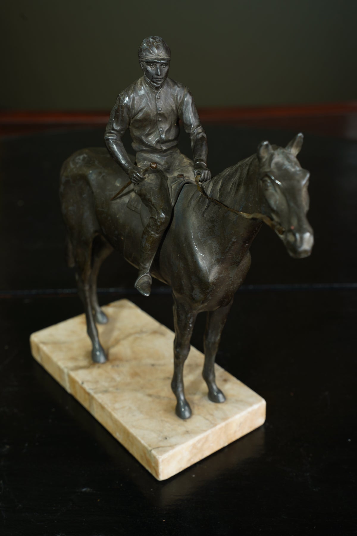 Antique Bronzed Spelter Racehorse and Jockey Statue on Marble Base