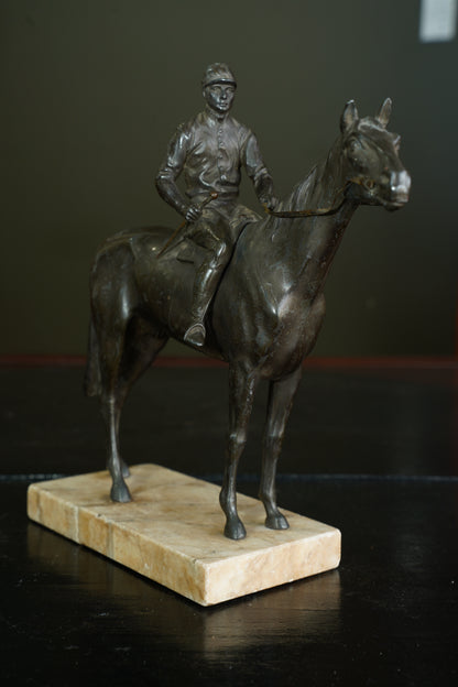 Antique Bronzed Spelter Racehorse and Jockey Statue on Marble Base