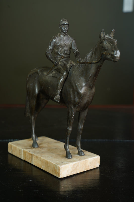 Antique Bronzed Spelter Racehorse and Jockey Statue on Marble Base