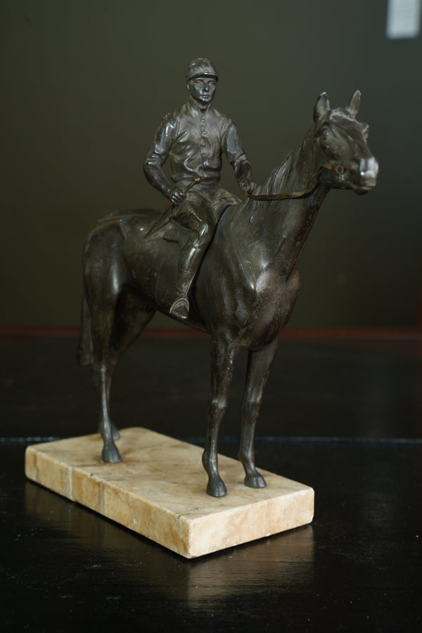 Antique Bronzed Spelter Racehorse and Jockey Statue on Marble Base