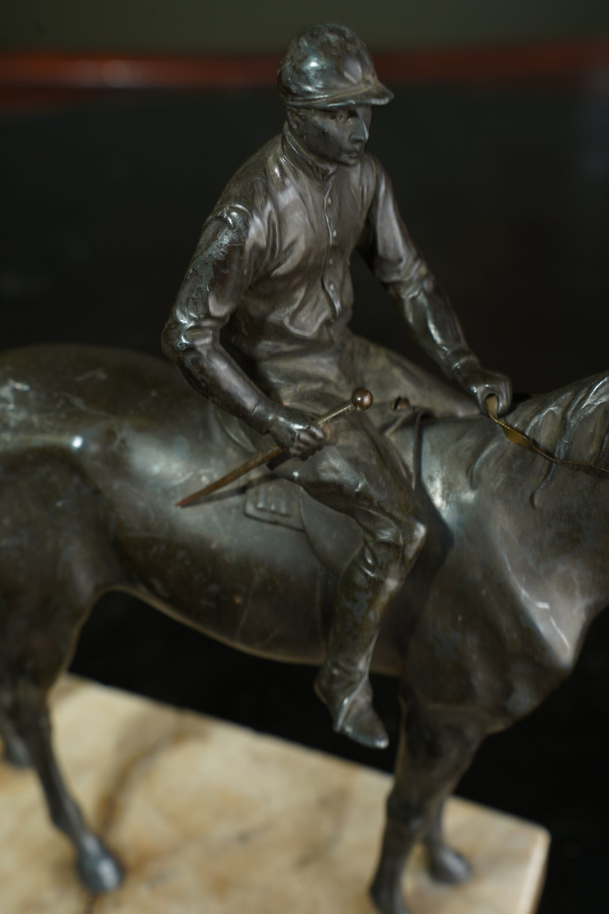 Antique Bronzed Spelter Racehorse and Jockey Statue on Marble Base