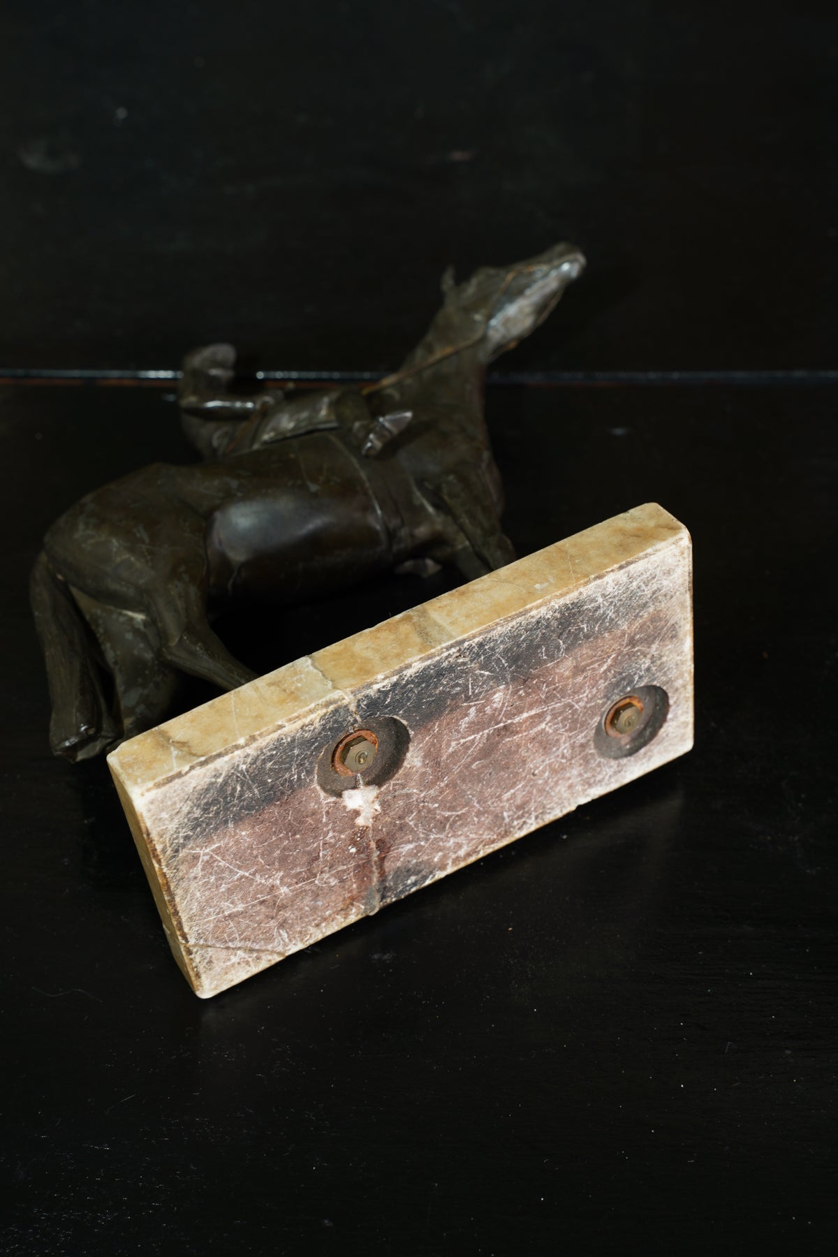 Antique Bronzed Spelter Racehorse and Jockey Statue on Marble Base