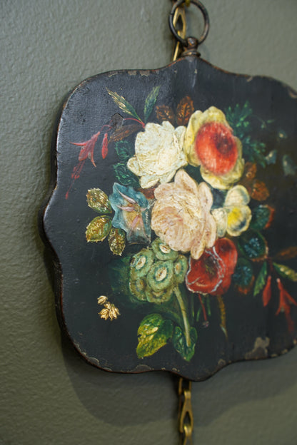 Antique Small Floral Oil Painting on Wood, Unframed