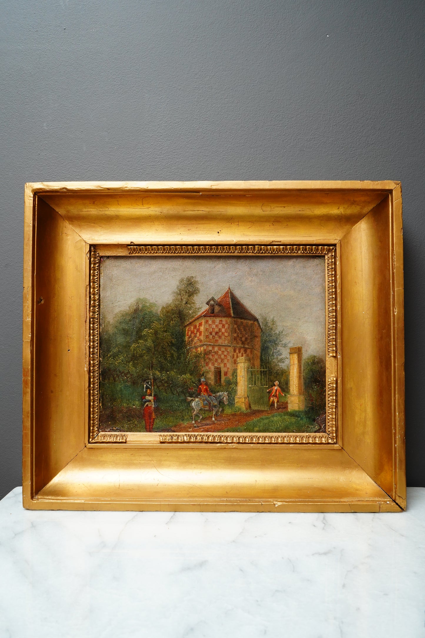 Antique French Genre Oil Painting of Estate Gate and Figures | 19th Century Oil on Canvas