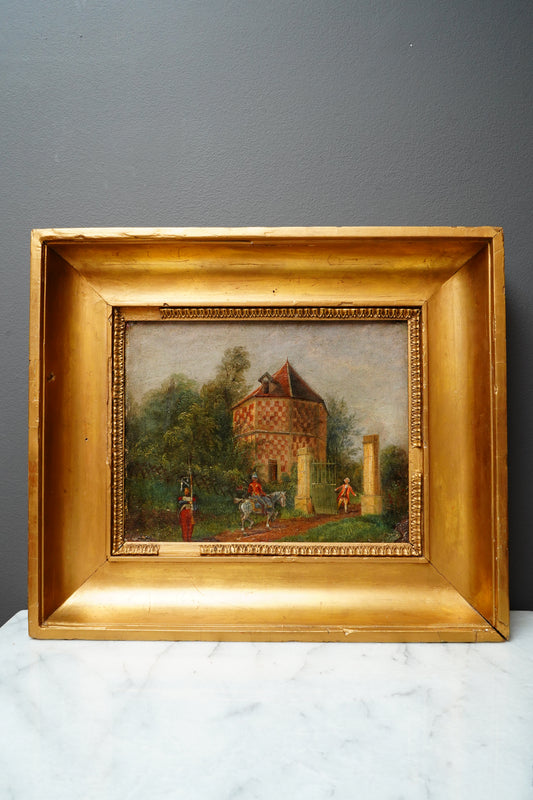 Antique French Genre Oil Painting of Estate Gate and Figures | 19th Century Oil on Canvas
