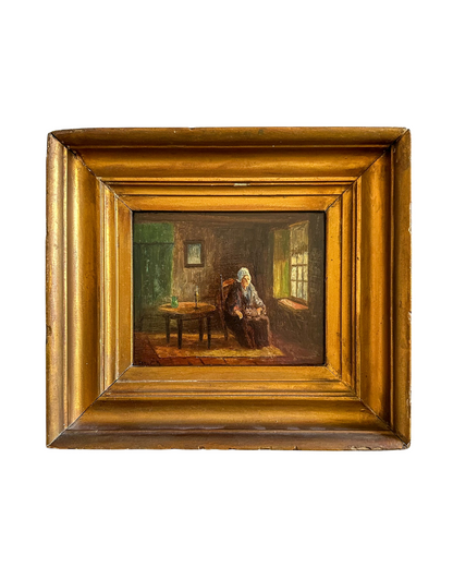Antique Victorian Interior Scene Oil on Board, Small Antique English Oil Painting