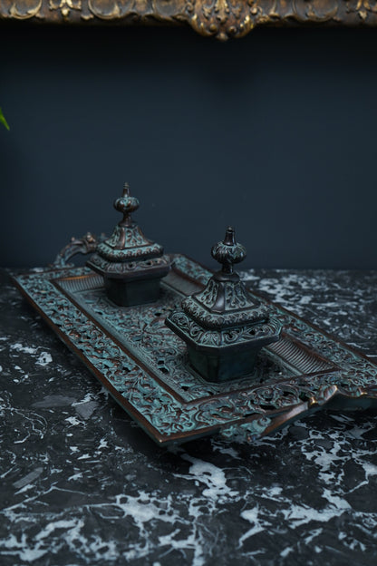 Ornate Cast Bronze Double Inkwell