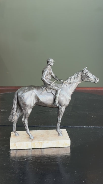 Antique Bronzed Spelter Racehorse and Jockey Statue on Marble Base