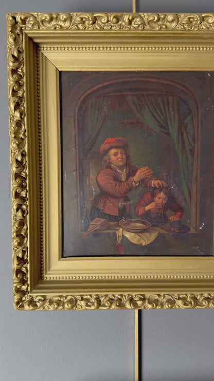 Antique Dutch Genre Oil on Metal Painting, “The Scholar” Pendant to “The Dentist”