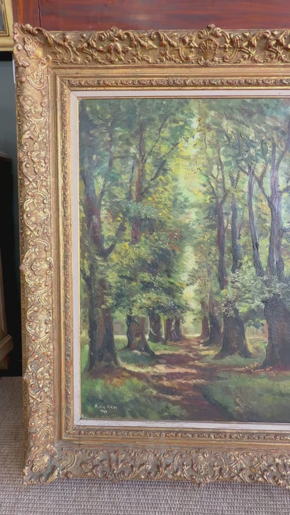 Vintage Signed Forest Path Oil Painting, Tree Lined Lane, 1949