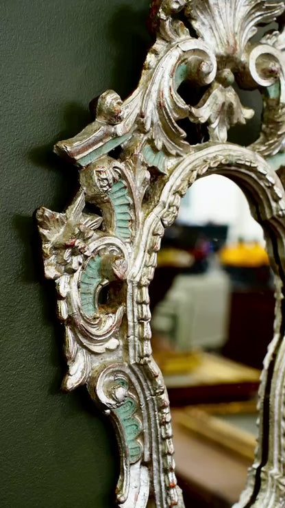 Antique Silver Gilt Wall Mirror, Italian Rococo, Teal Accents
