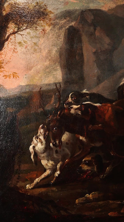 18th Century French Stag Hunt Oil Painting, Fontainebleau Tradition