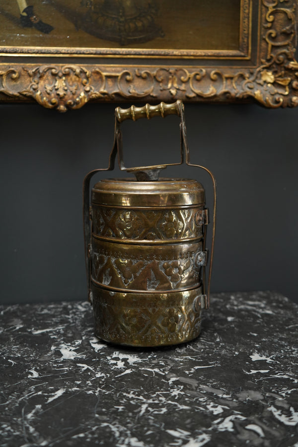 Vintage Brass Tiffin Carrier | Hand-Engraved 3-Tier Food Container with Handle