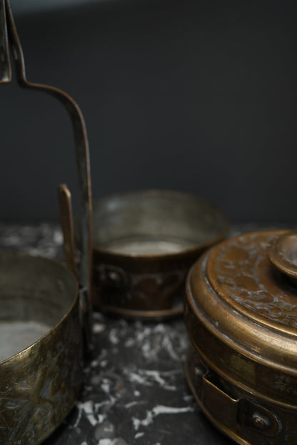 Vintage Brass Tiffin Carrier | Hand-Engraved 3-Tier Food Container with Handle