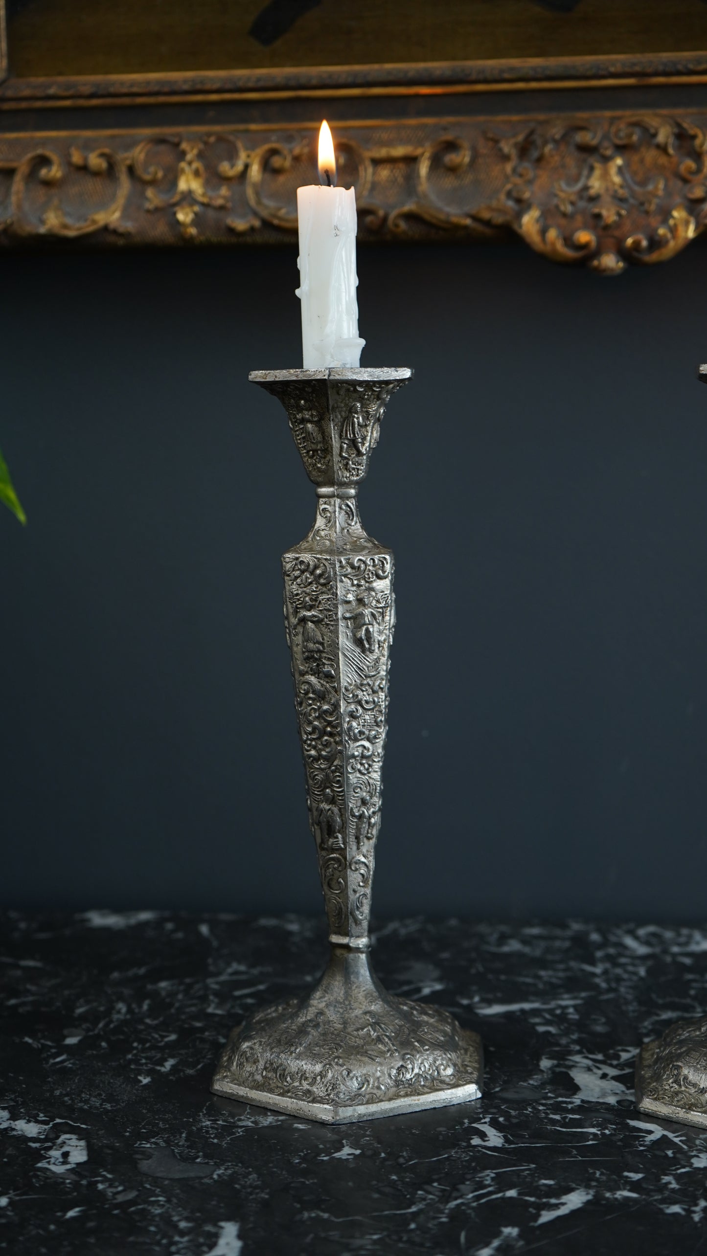 Pair of Weidlich Brothers Dutch Windmill Repoussee Silver Plated Candleholders, Pair of Vintage Silver-Plated Candlestick Holders