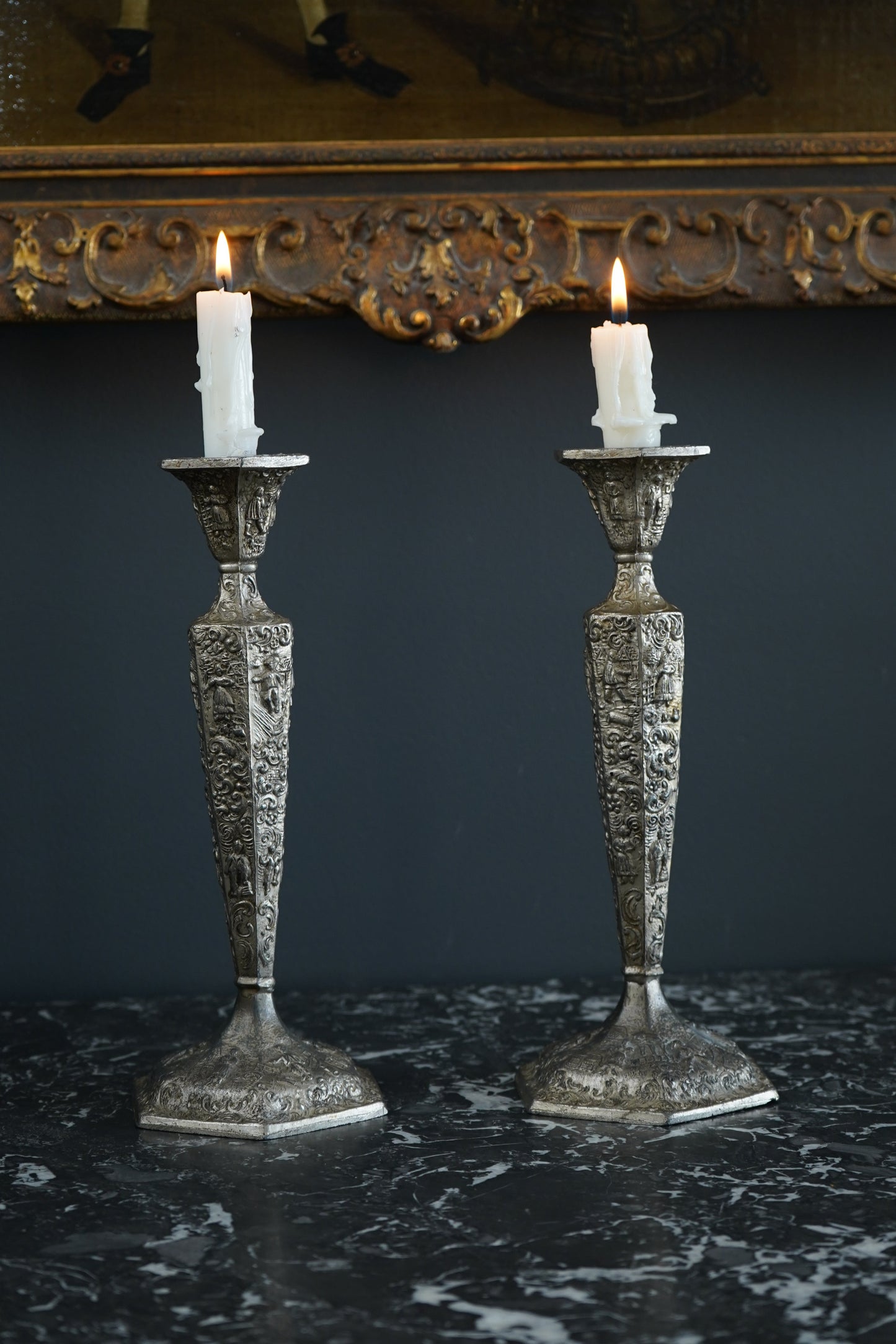 Pair of Weidlich Brothers Dutch Windmill Repoussee Silver Plated Candleholders, Pair of Vintage Silver-Plated Candlestick Holders