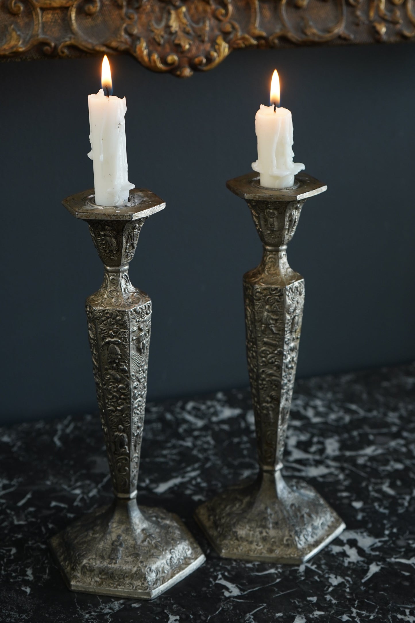 Pair of Weidlich Brothers Dutch Windmill Repoussee Silver Plated Candleholders, Pair of Vintage Silver-Plated Candlestick Holders