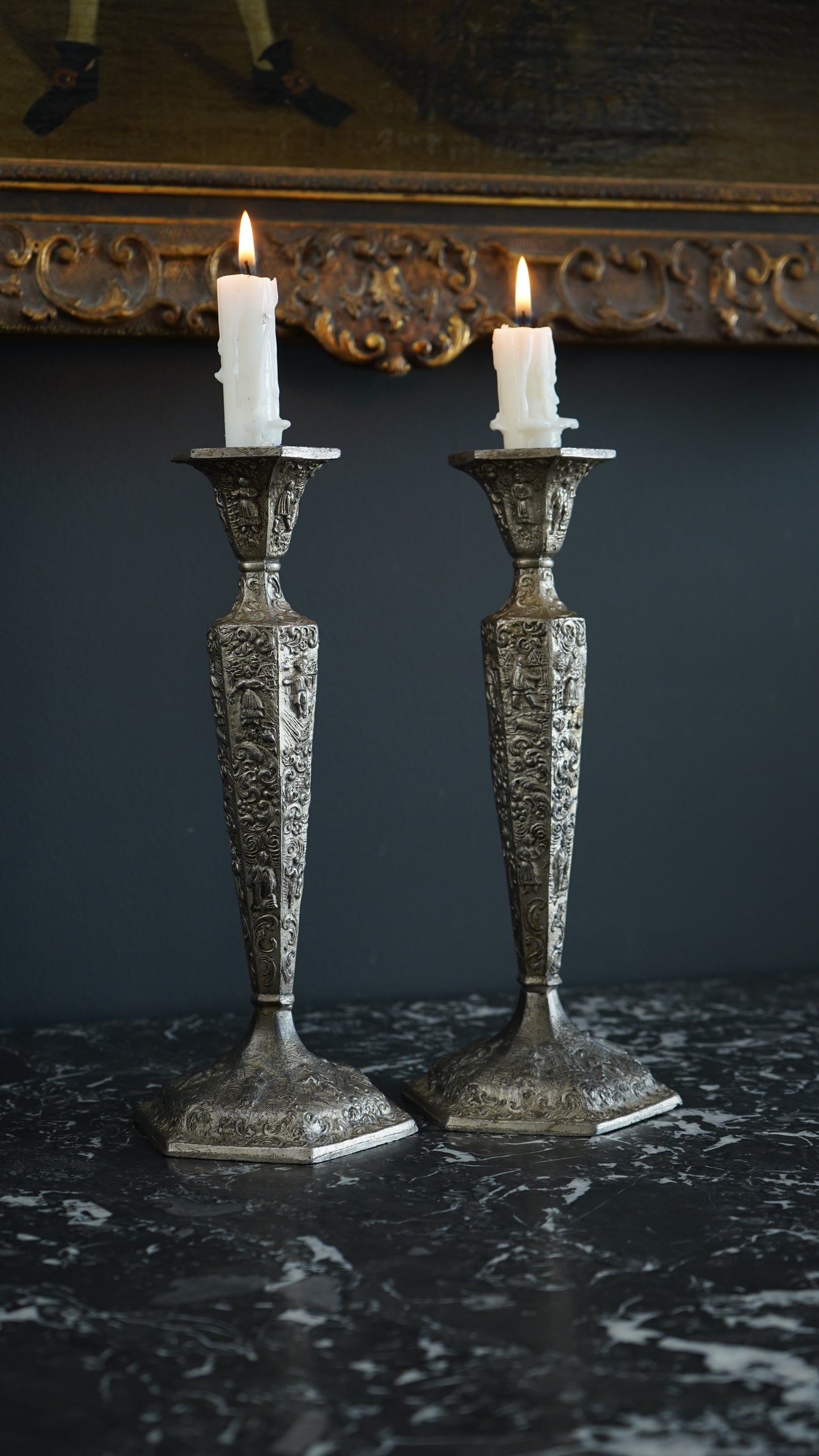 Pair of Weidlich Brothers Dutch Windmill Repoussee Silver Plated Candleholders, Pair of Vintage Silver-Plated Candlestick Holders