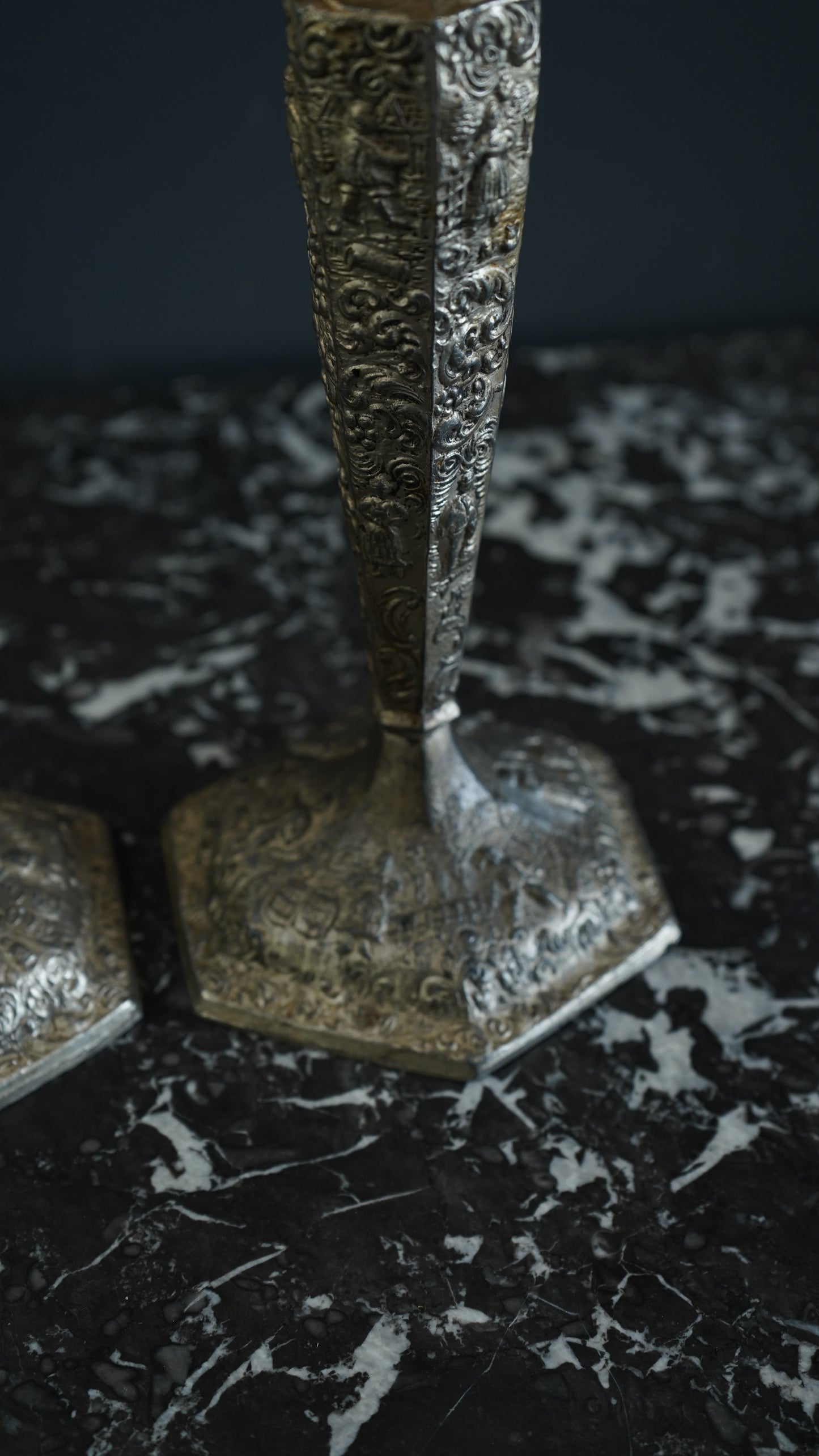 Pair of Weidlich Brothers Dutch Windmill Repoussee Silver Plated Candleholders, Pair of Vintage Silver-Plated Candlestick Holders